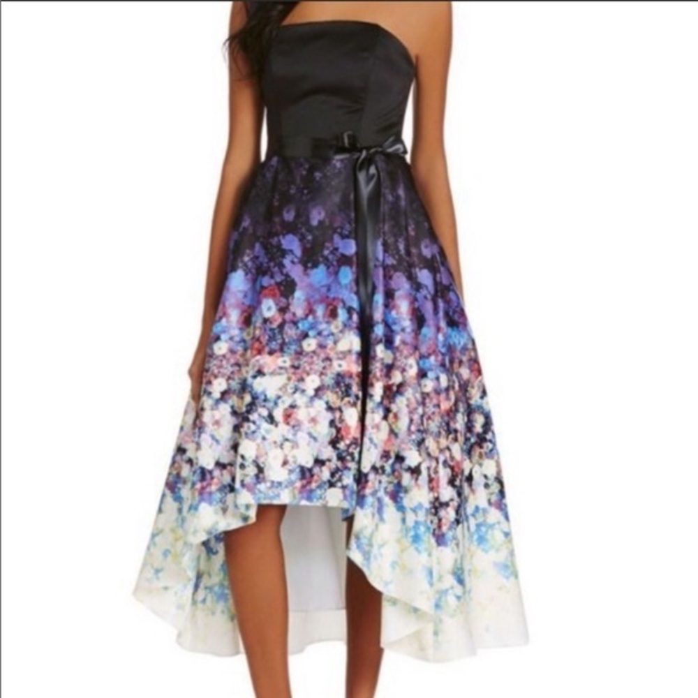 Floral Black and Blue Strapless Dress